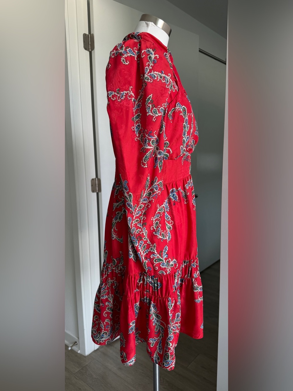 Sandro Tali Red Printed & Draped Satin-Jacquard Mini Dress, Size 40 - Picture 5 of 11